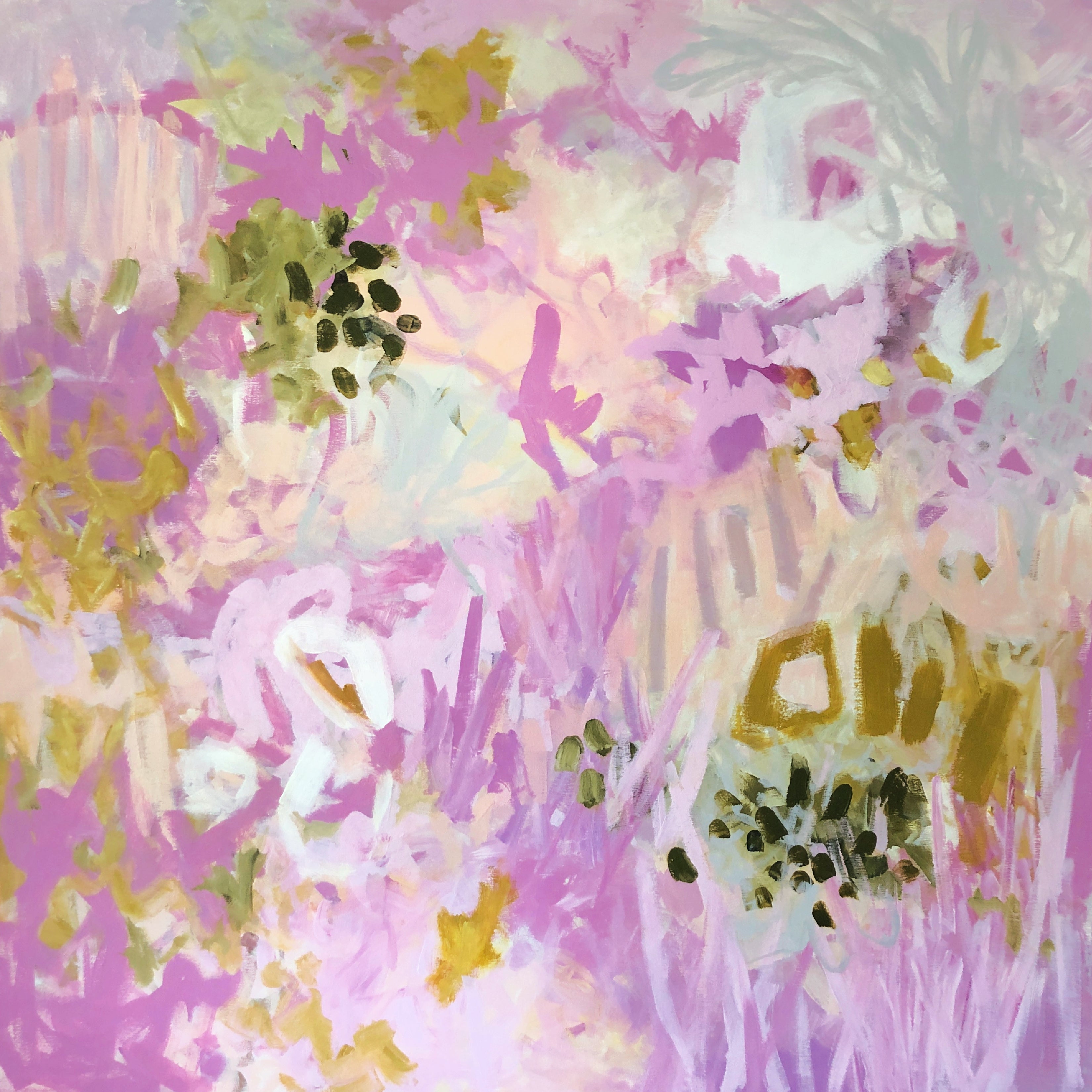 Abstract landscape painting alluding to a beautiful field of flowers in pale pink, lilac, olive, chartreuse, grey and white - cropped front view