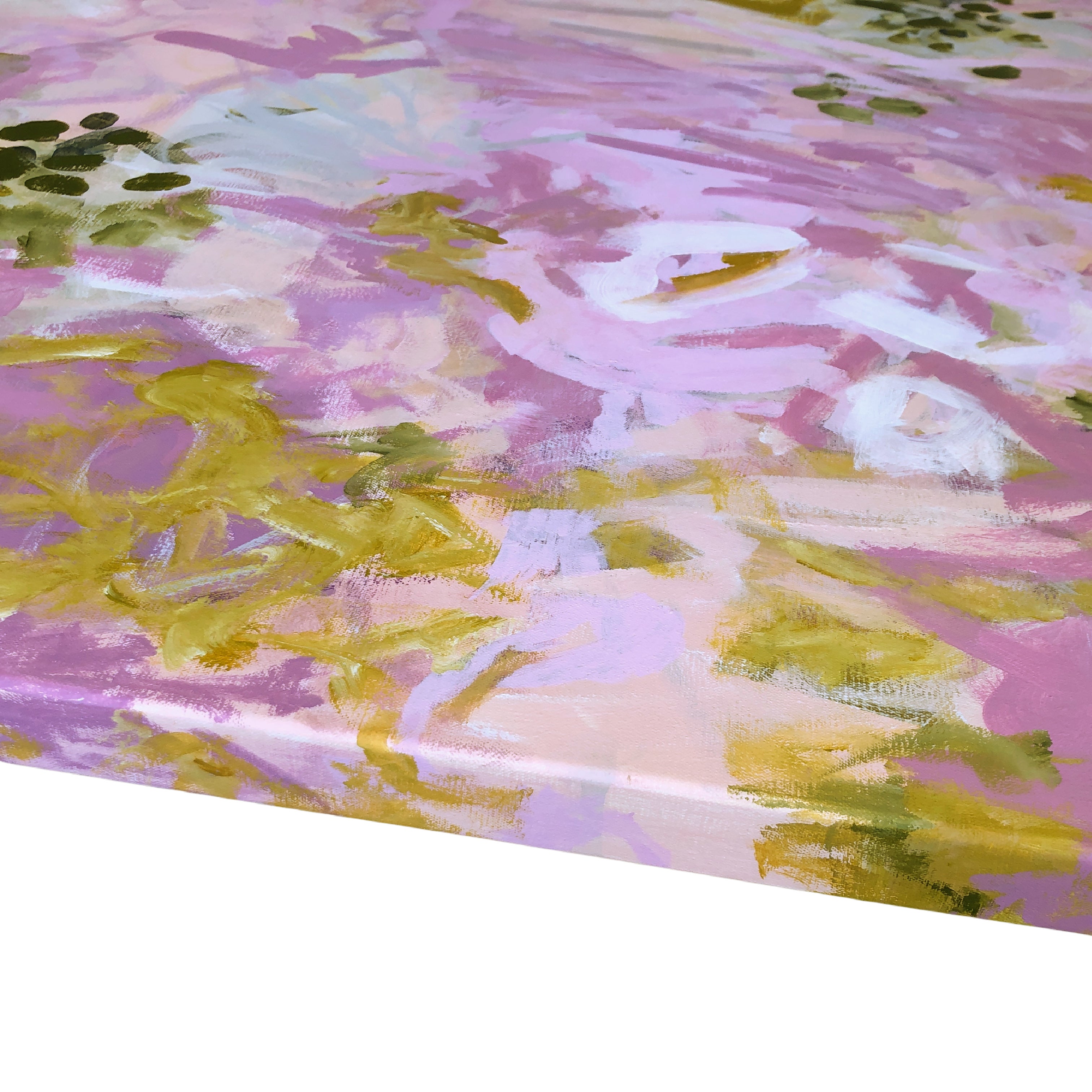 Pink abstract expressionist landscape painting with gestural brushstrokes - close-up edge detail