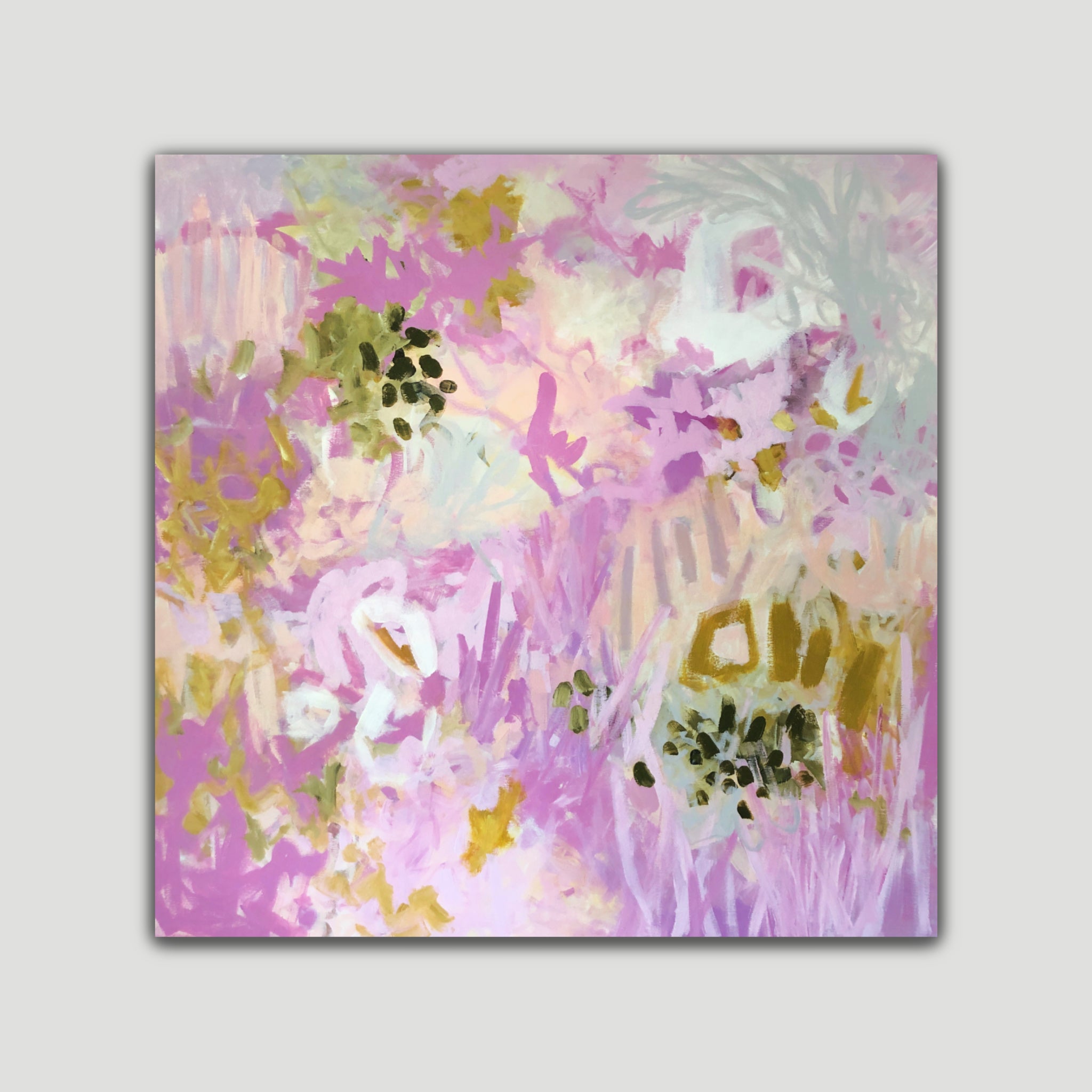 Square abstract painting "Love Always Flora" that alludes to a natural landscape where the main colours are pink and lilac - front view
