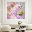 Lilac and pink abstract landscape painting "Love Always Flora" depicting a scene in nature of grass, plants and flowers hanging on wall in living room of luxury modern home interior