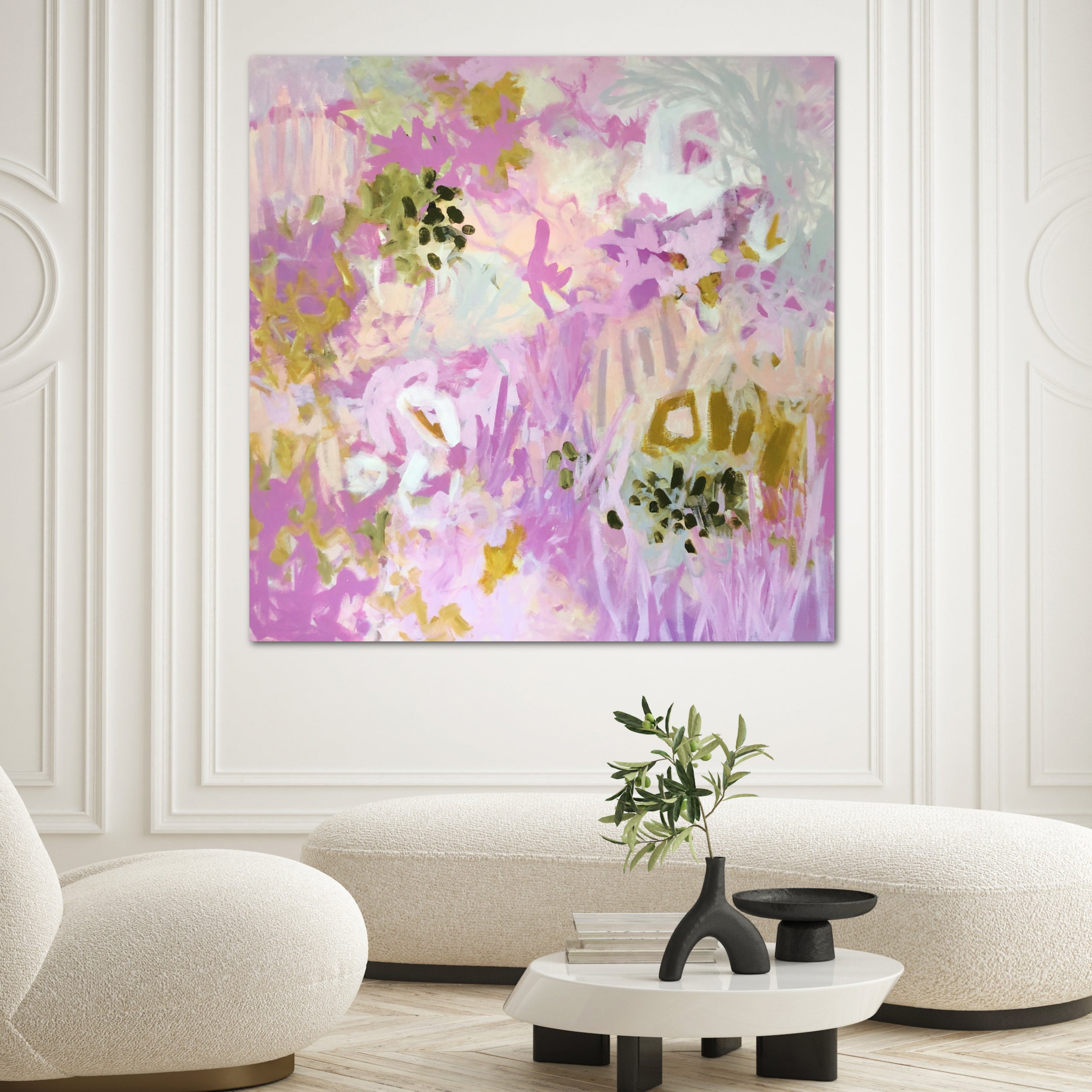 Lilac and pink abstract landscape painting "Love Always Flora" depicting a scene in nature of grass, plants and flowers hanging on wall in living room of luxury modern home interior