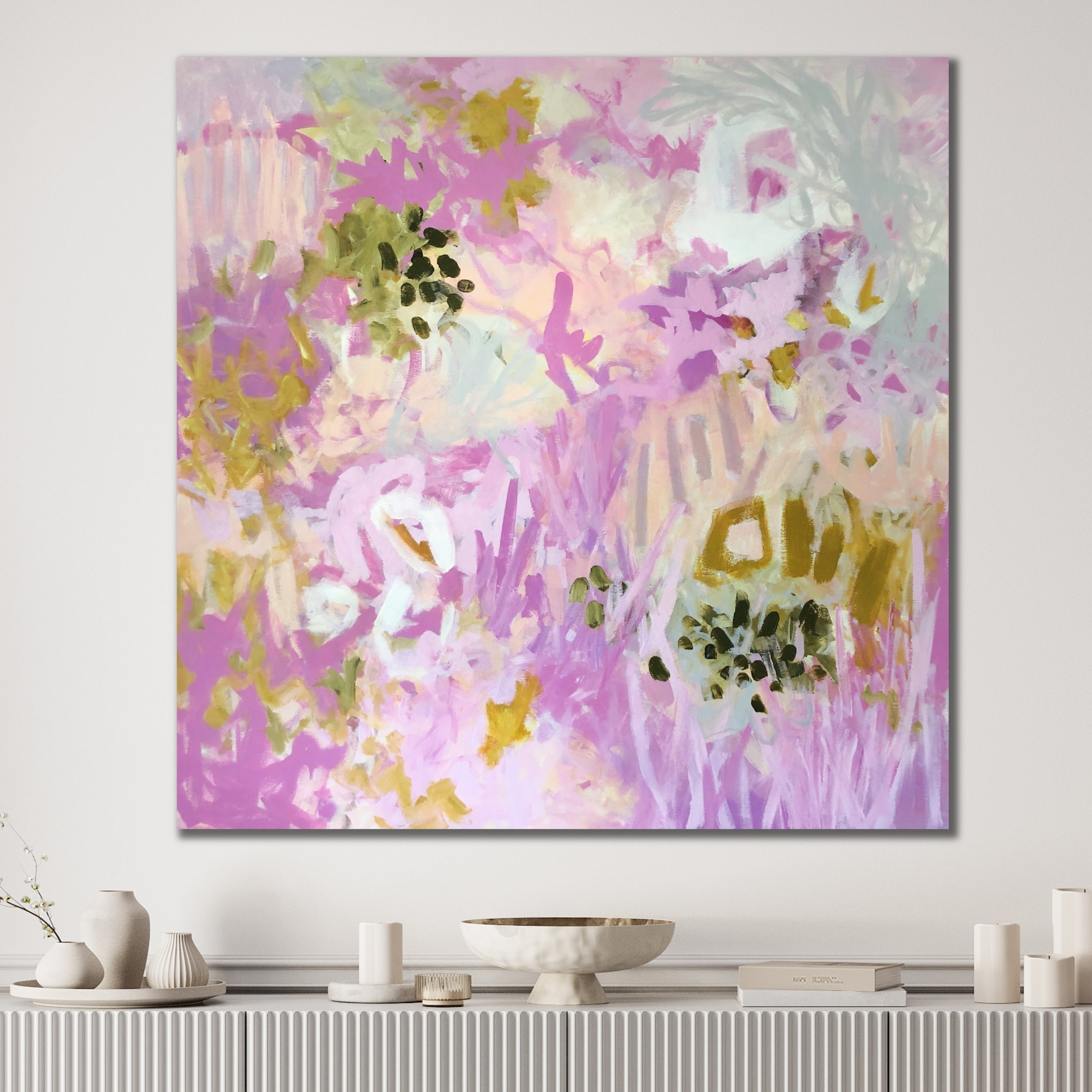 Abstract painting Love Always Flora by Kylie Sams hanging on wall  in modern interior