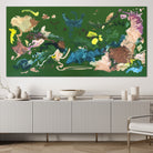 Large abstract botanical painting in dark green and bright colours hanging in contemporary home interior