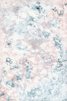 Large, textured abstract painting in soft blue, grey, pink and white - front crop view