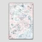 Large, textured abstract painting in light blue, grey, pink and white - front view