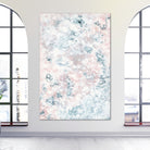 Soothing abstract painting in soft blue, pink and white displayed in a neutral interior space - home interior 