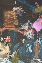 Large black abstract artwork with gestural expressive mark-making in varying colours - cropped front view