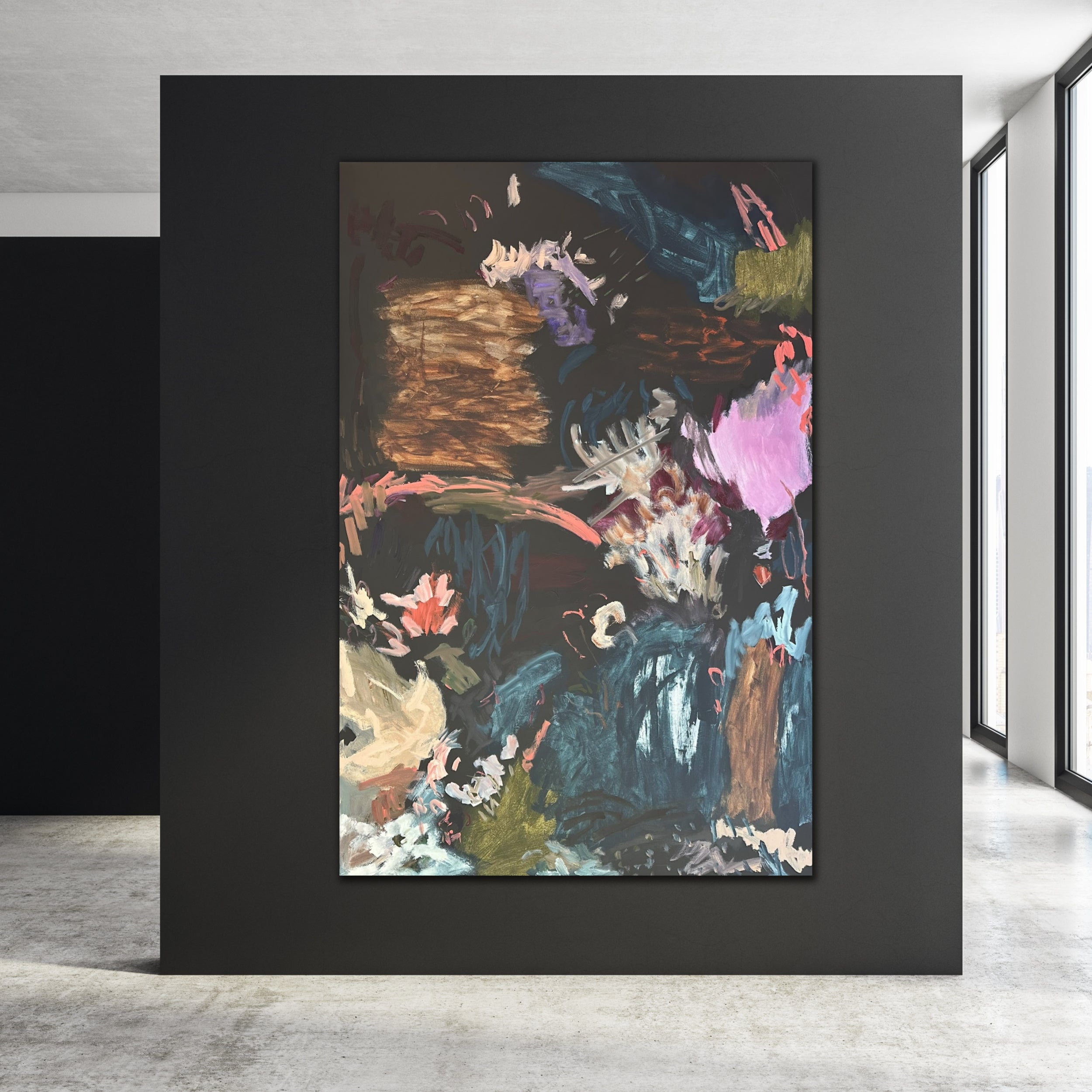 Large abstract expressionist painting hanging on wall in contemporary art gallery or show space