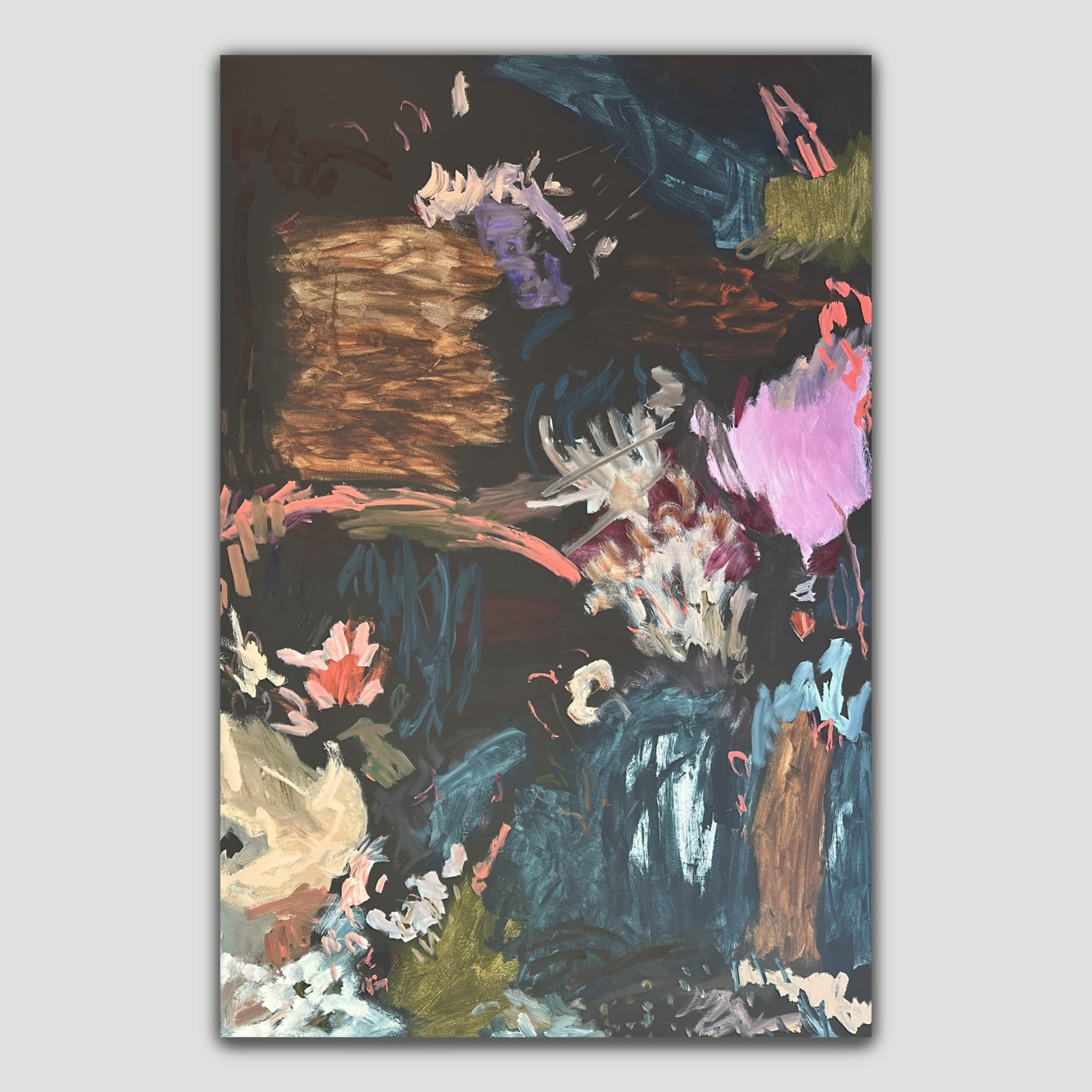 Large abstract expressionist painting in black with multi-colour accent - front view
