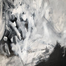 Close-up detail of the expressive black and white brushstrokes and mark-making of the abstract painting