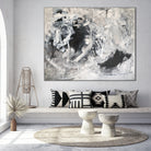 Large contemporary abstract painting  hanging over bench seat in black and white interior space