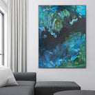 Abstract painting that alludes to a landscape or seascape shown hanging in a modern living room