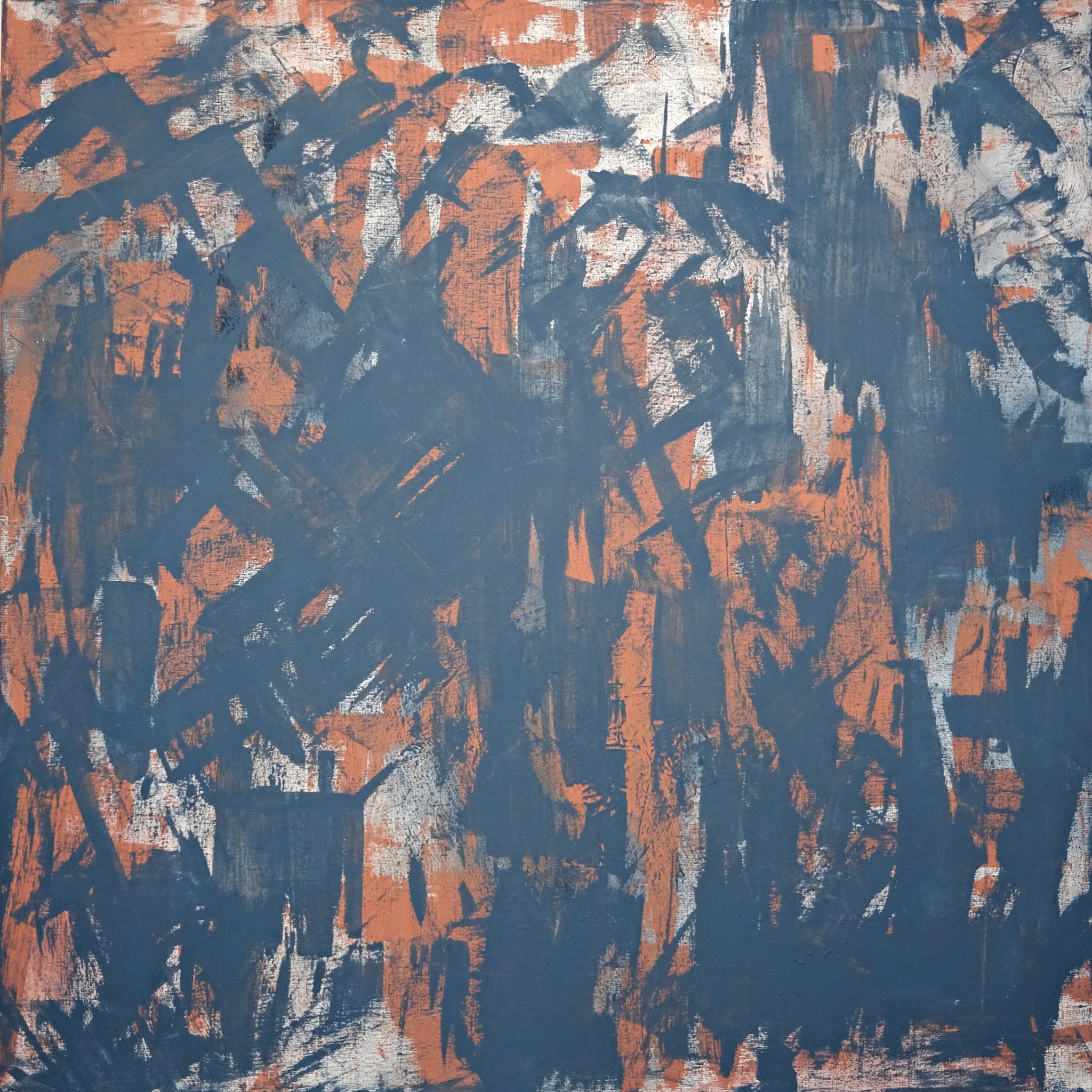 Modern abstract expressionist painting in rusty red and charcoal - front crop view