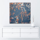 Gestural abstract painting on canvas hanging on wall in contemporary minimalist interior - home interior