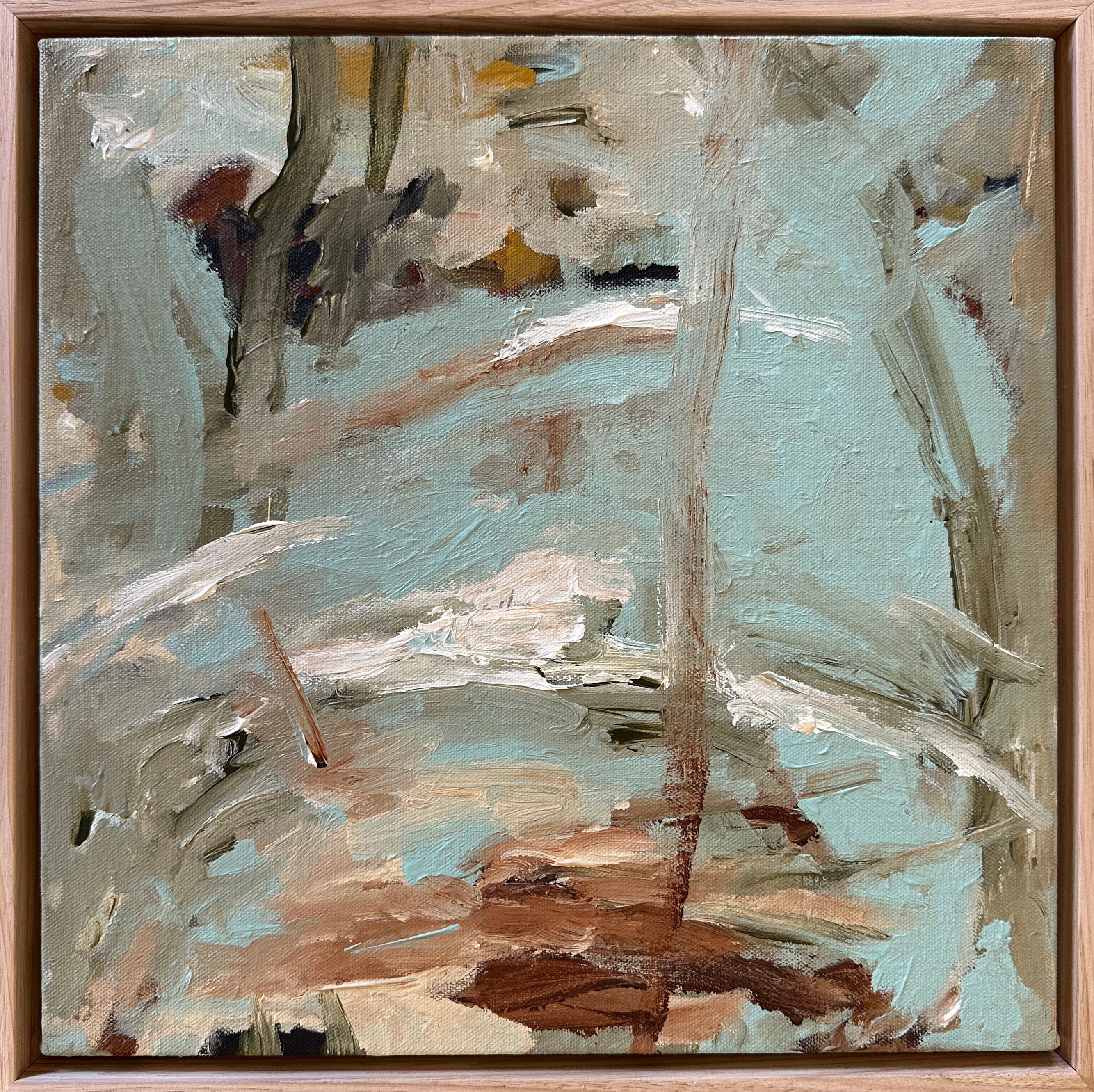 Contemporary abstract landscape river painting in light blue, brown, beige, white and olive green – cropped front view