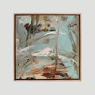 Small, square abstract landscape painting "River Crossing" framed in natural timber - front view