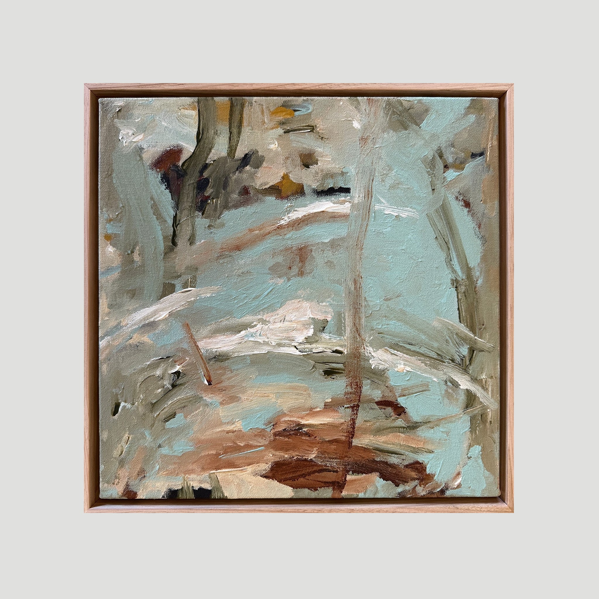 Small, square abstract landscape painting "River Crossing" framed in natural timber - front view