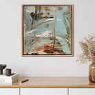 Abstract painting in wood frame, inspired by nature and by a river of water in an Australian outback setting hanging in modern home interior