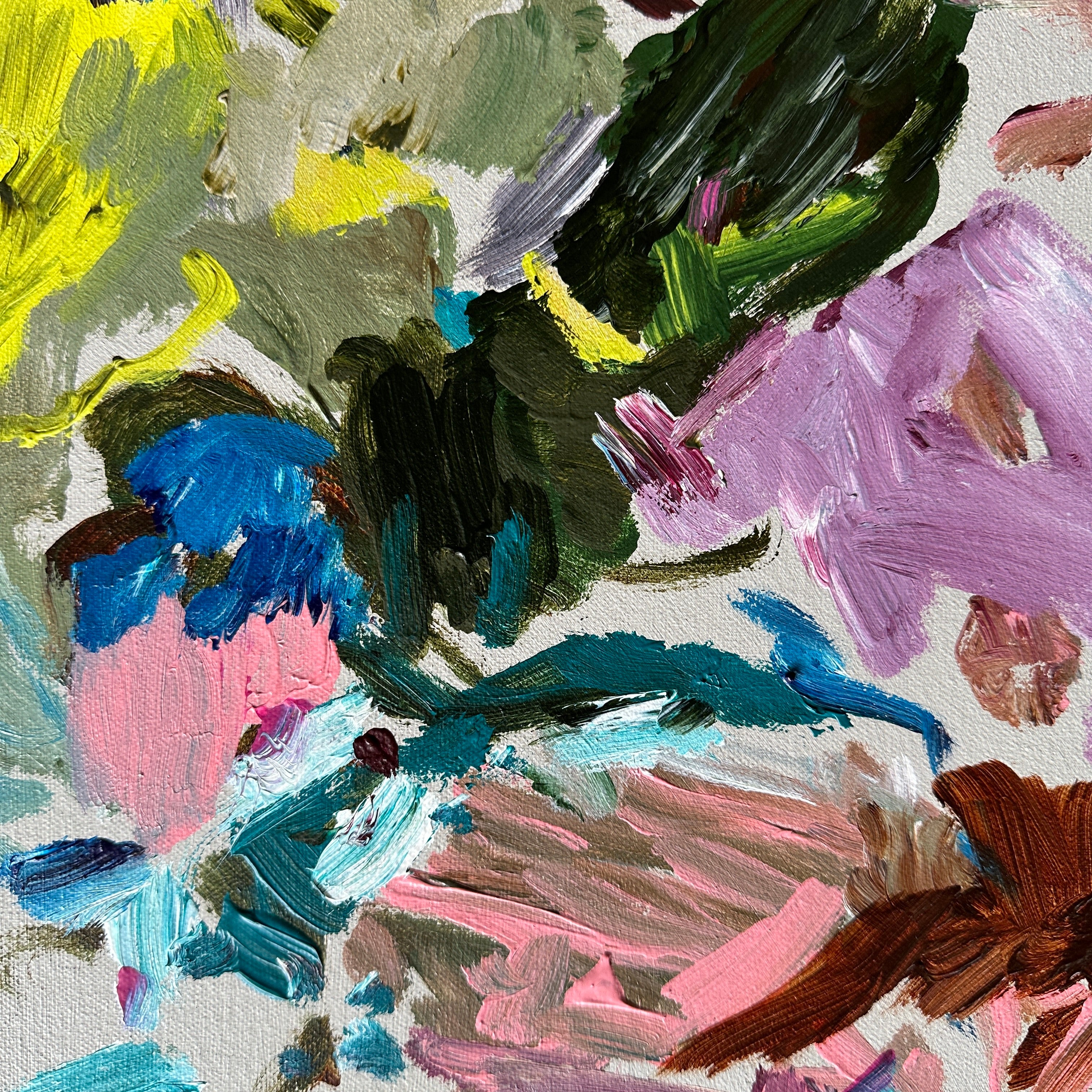 Close-up detail of colourful brushstrokes of expressive abstract art