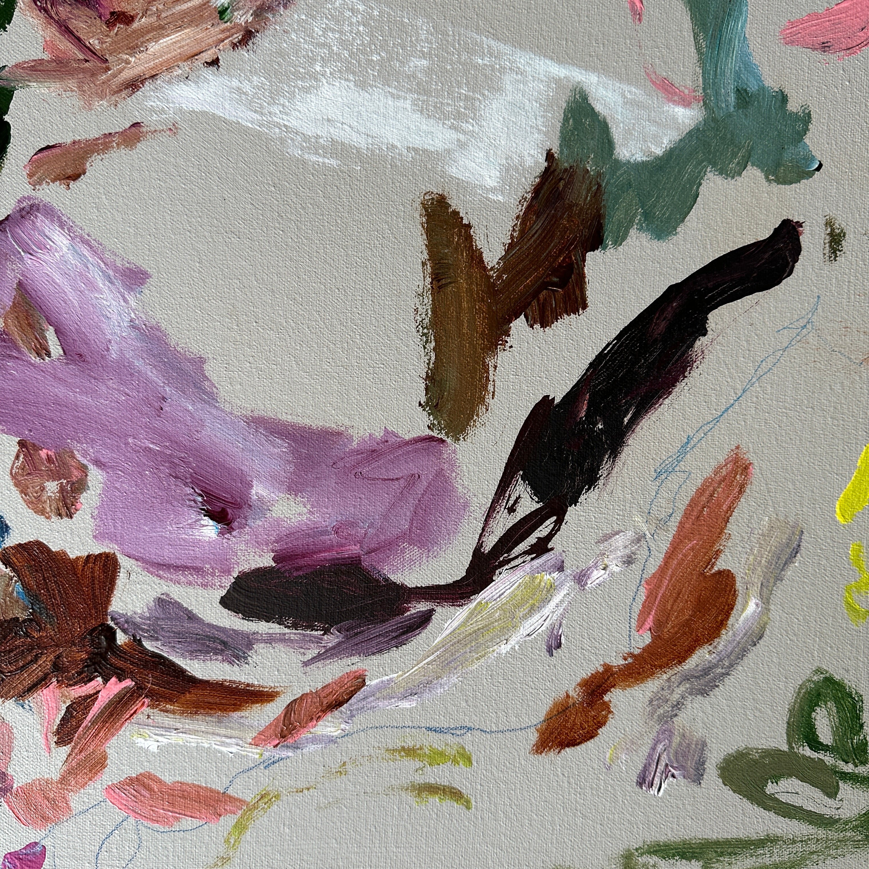 Close-up detail of brushstrokes and mark-making of colourful abstract painting