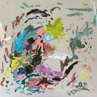 Square, colourful abstract painting "Rogue Princess" with beige background and blue, green, brown and pink gestural brushstrokes - cropped front view