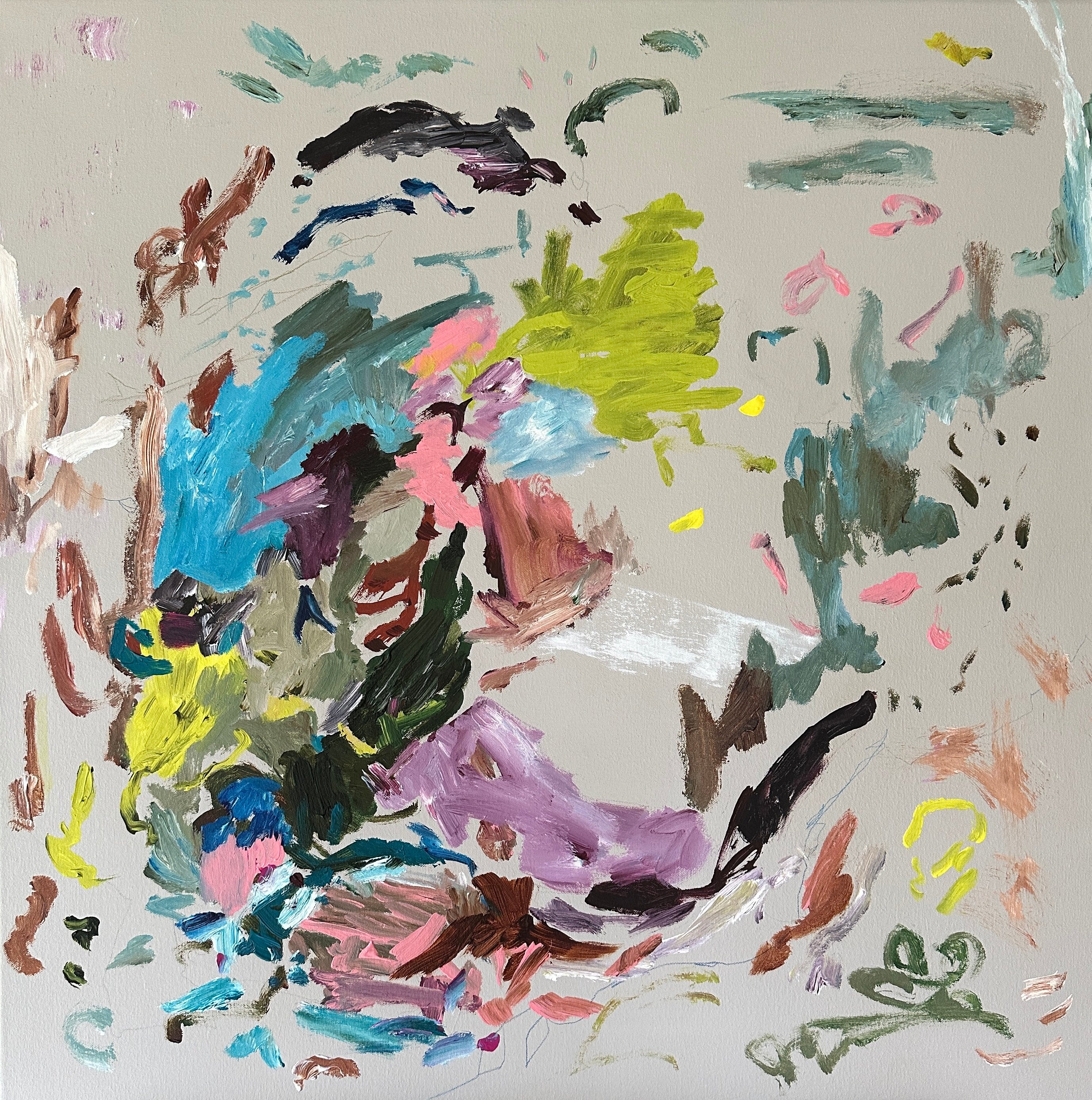 Square, colourful abstract painting "Rogue Princess" with beige background and blue, green, brown and pink gestural brushstrokes - cropped front view