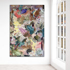 Large contemporary abstract painting  hanging near sunlit window in Los Angeles inspired home
