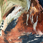 Close-up detail of abstract expressionist painting on canvas in blue, brown, green and white