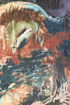 Oversize abstract painting in natural moody colour palette of blue, rusty orange, brown, olive green and beige- cropped front view
