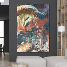 Contemporary abstract painting hanging as statement artwork on wall in spacious modern home with neutral decor