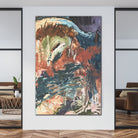 Large abstract expressionist painting hanging on wall in modern home with neutral furnishings