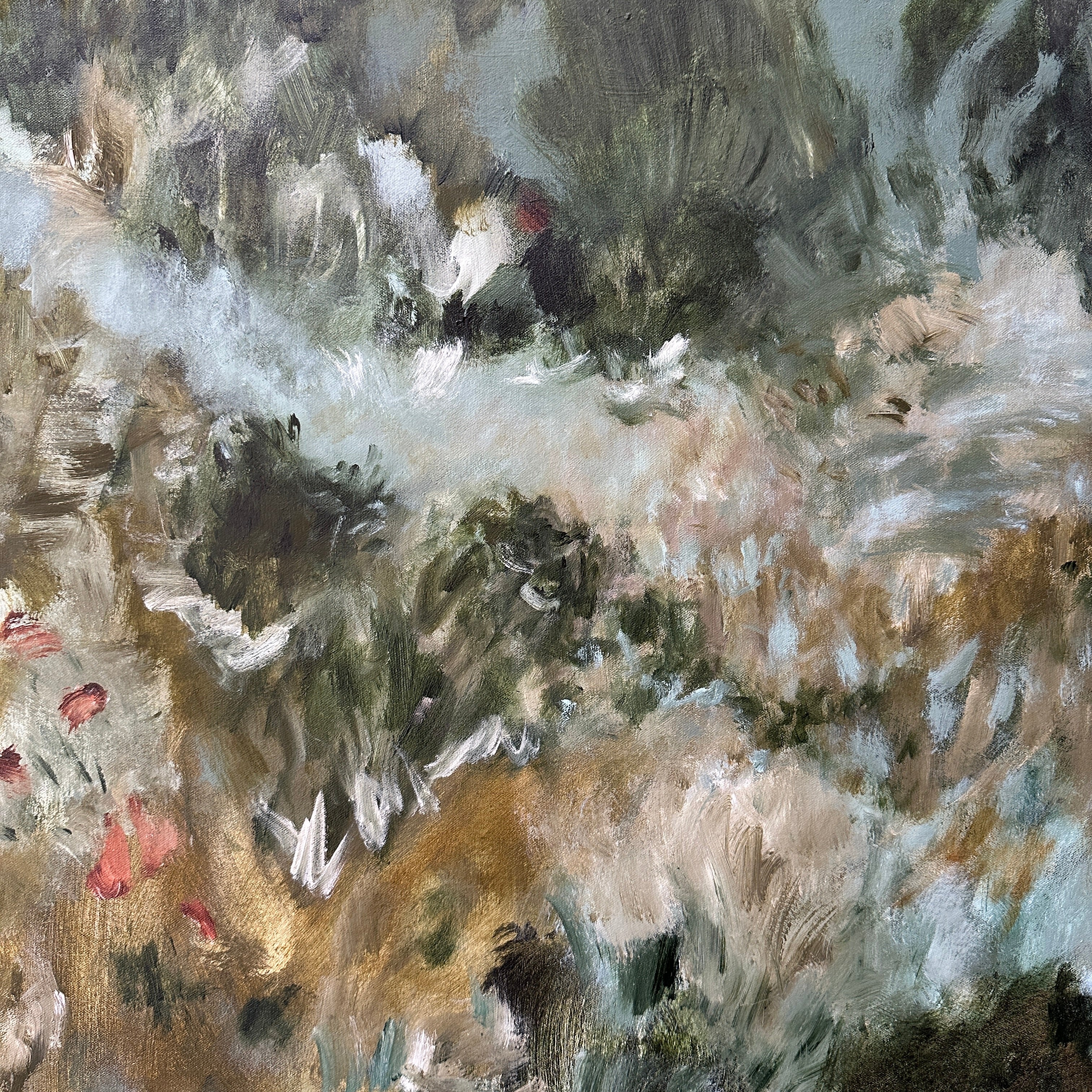 Abstract painting with textured brushstrokes in earthy tones