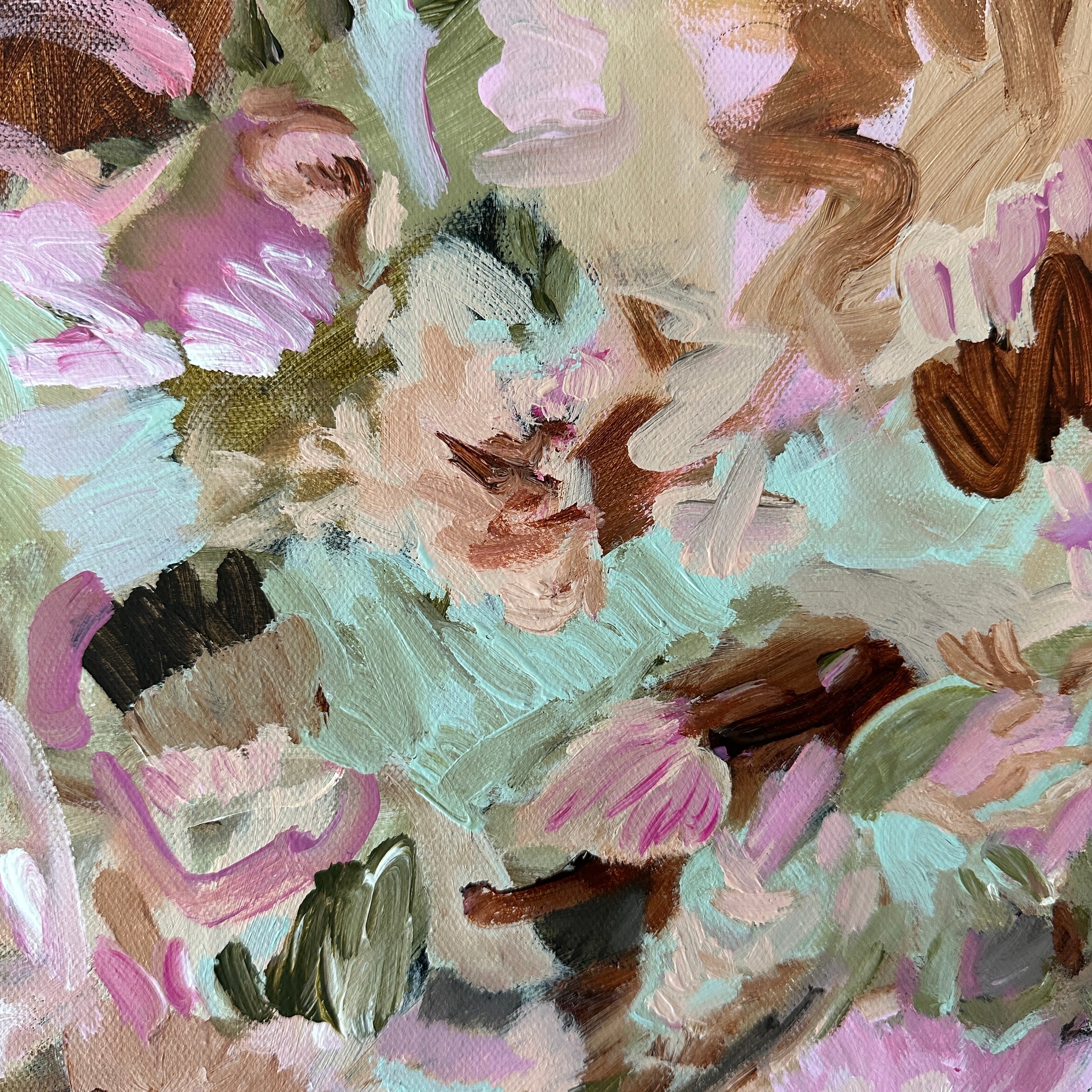 Close-up detail of a pretty, nature inspired abstract expressionist painting "Secret Garden" in a gestural, expressive painting style