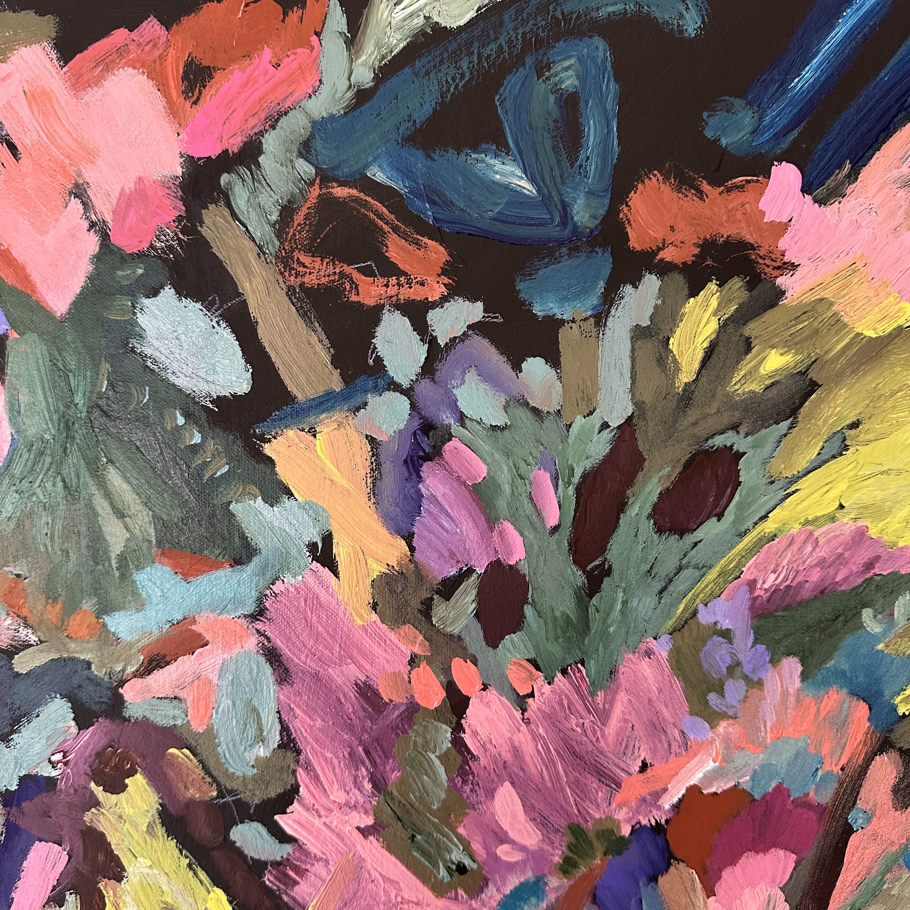 Close-up detail of expressive brushstrokes of colourful abstract painting