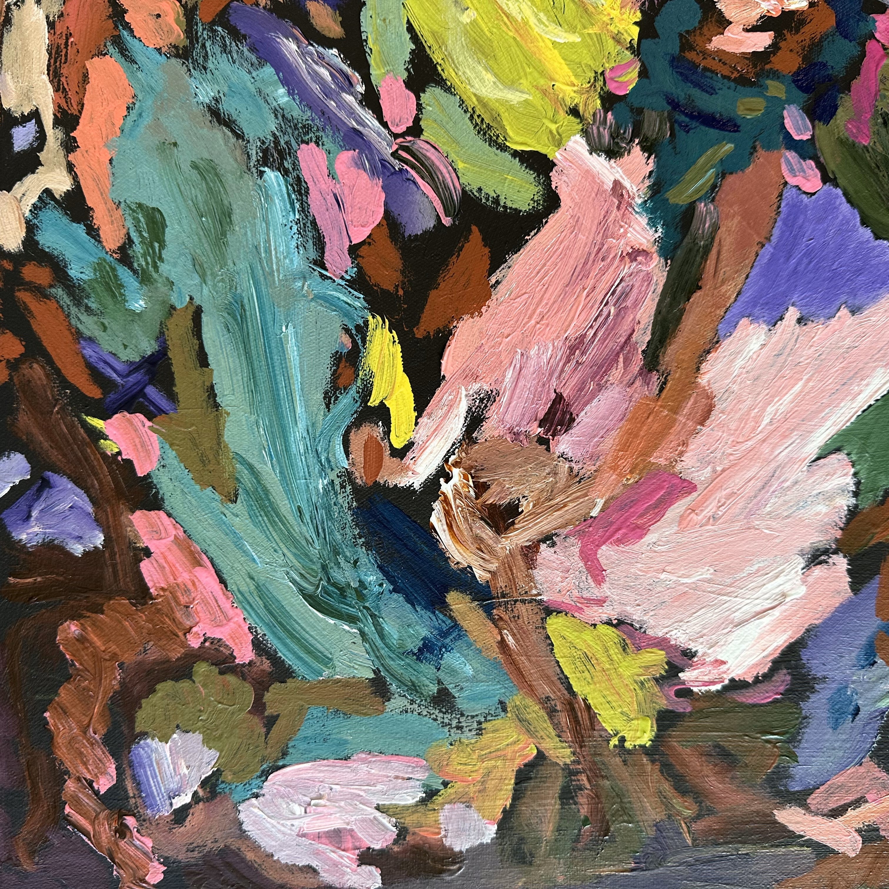 Close-up detail of textured brushstrokes and gestures of paint in colourful abstract expressionist painting