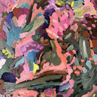 Close-up detail of painterly brushwork and energy of colourful abstract painting