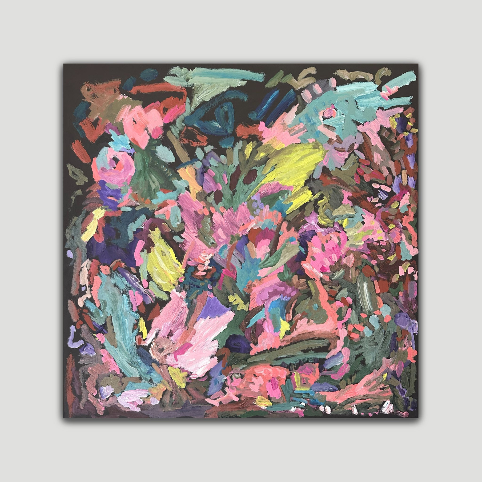 Colourful abstract expressionist painting "September" inspired by flowers in a garden - front view
