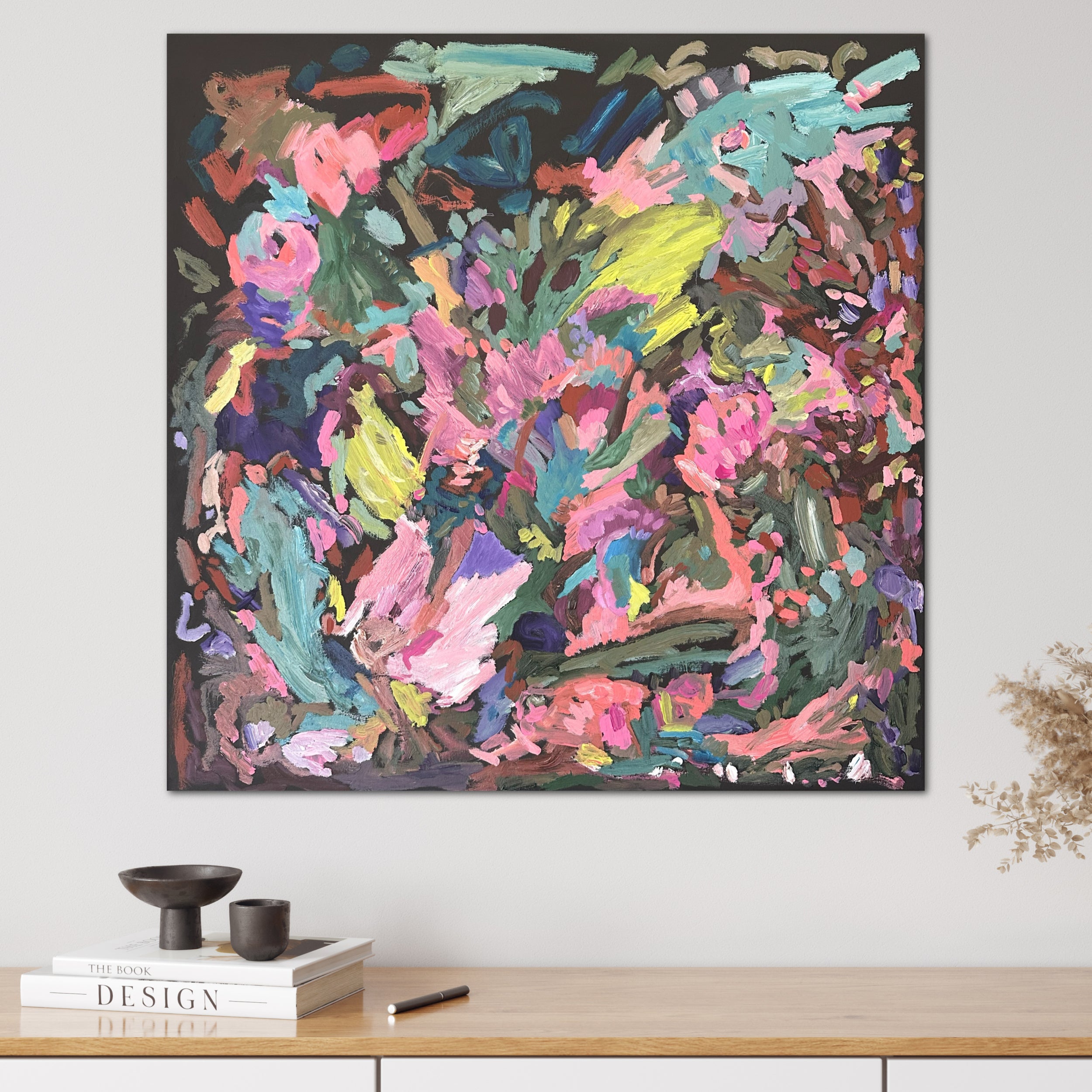 Colourful abstract painting inspired by nature and evoking emotions of happiness, hanging on wall in modern home
