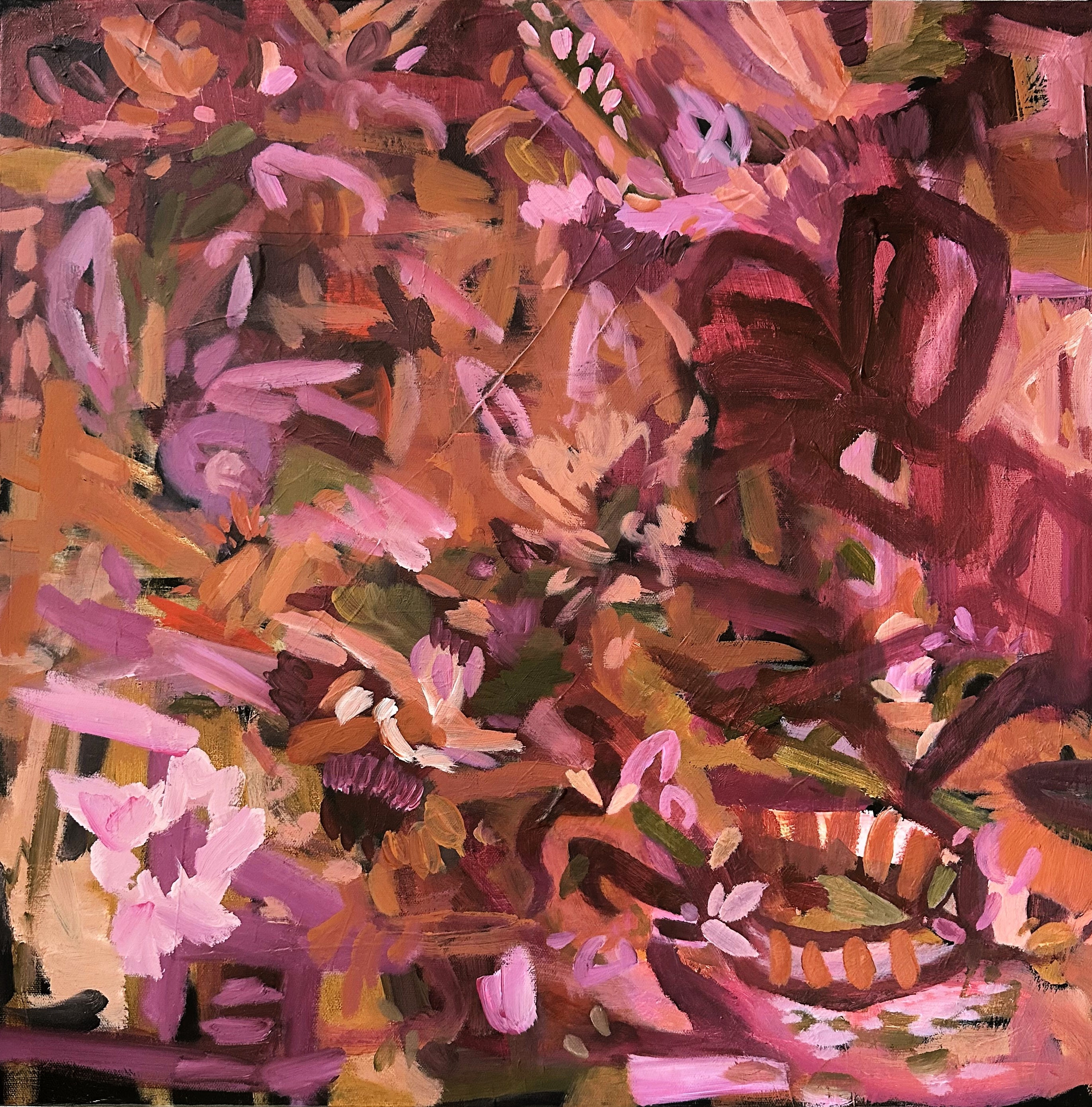 Expressive abstract painting in warm colours inspired by flowers in a garden or natural landscape - cropped front view