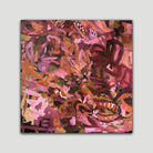 Square abstract floral painting "She Loved Flowers" in burgundy, peach and pink tones - front view