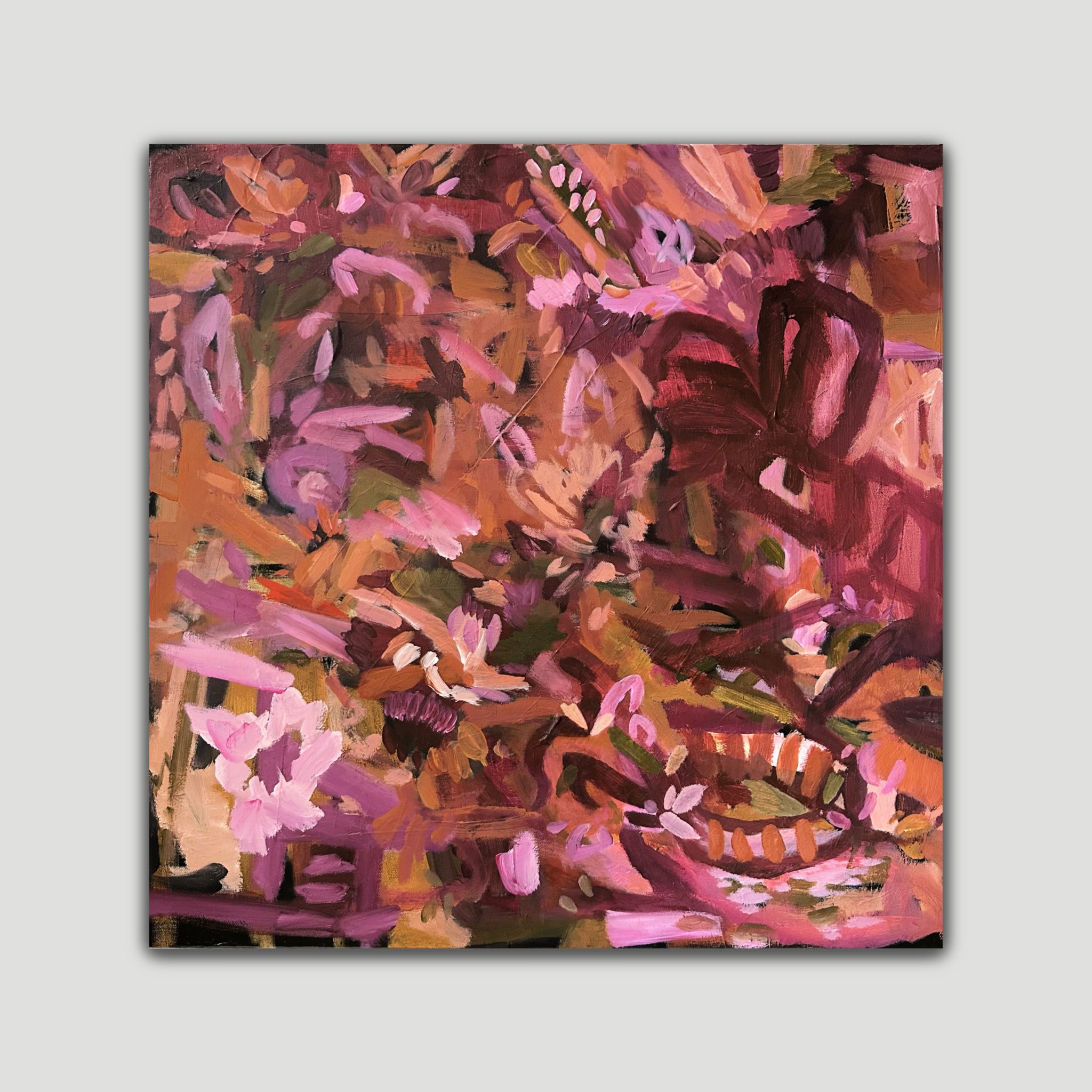 Square abstract floral painting "She Loved Flowers" in burgundy, peach and pink tones - front view