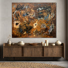 large abstract painting alluding to nature and flowers in brown, white and blue - front view