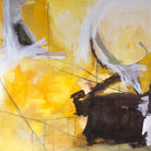 Quirky yellow abstract expressionist painting "Stranger Days" loosely influenced by The Doors – cropped front view