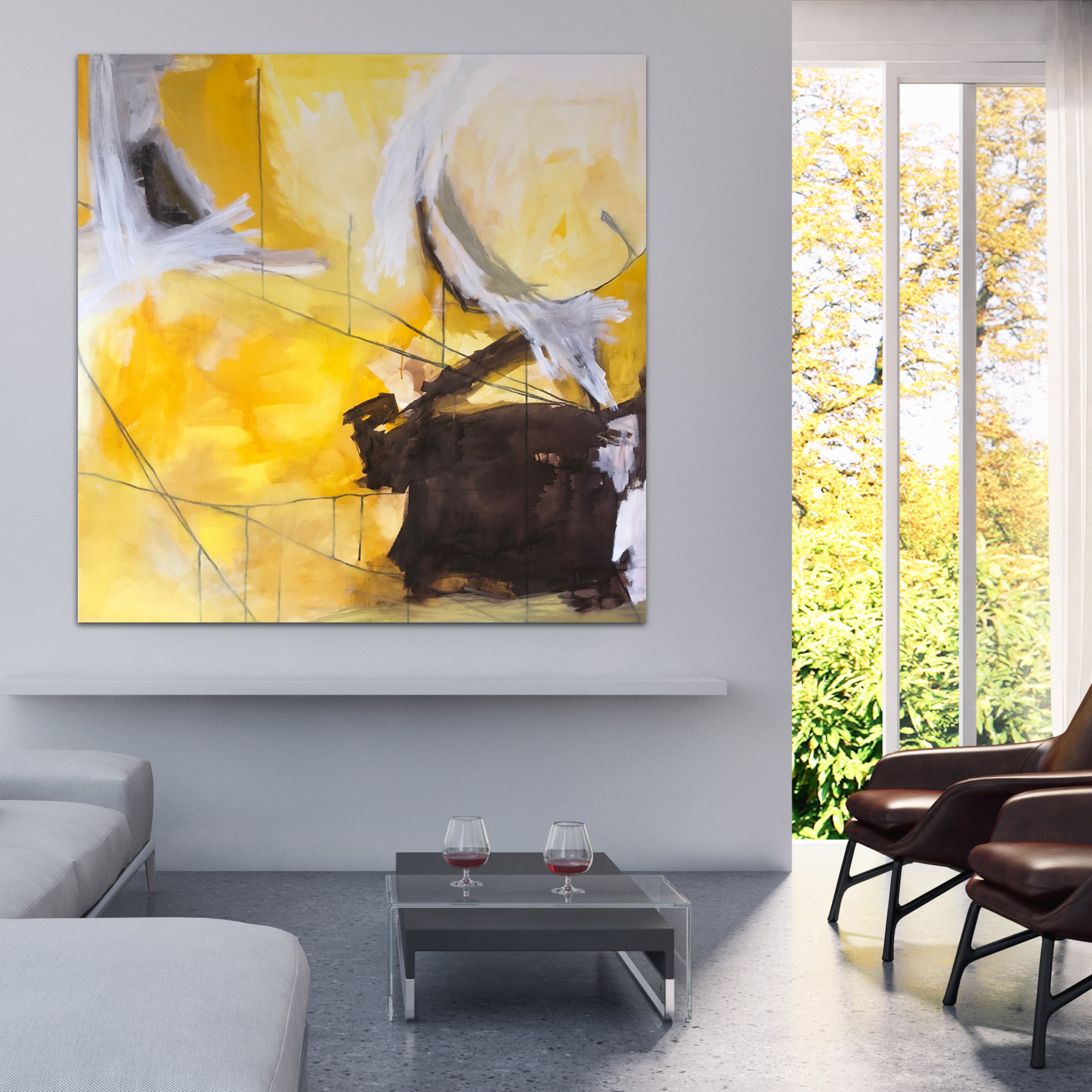 Contemporary square abstract painting in yellow, brown, white and grey - hanging on wall in living room in modern home interior