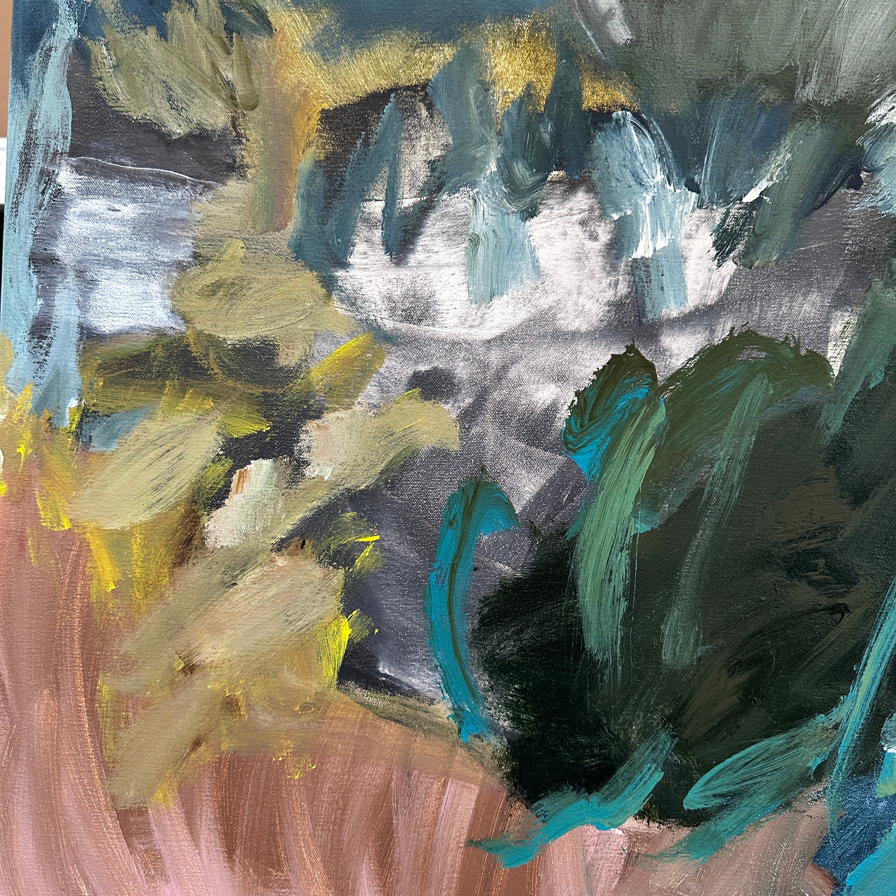 Closeup detail of gestural abstract painting with a mix of colours including green, blue, and brown.