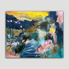 Colourful abstract landscape painting in vibrant colours of blue, aqua, green, yellow, and pink.