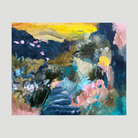 Colourful abstract landscape painting in vibrant colours of blue, aqua, green, yellow, and pink.