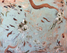 Large abstract floral painting in light blue with sweeping gestural brushstrokes and a calming feel - cropped front view