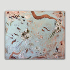 Large abstract painting with musical connotations and floral elements in light blue, brown, beige, olive green and white - front view