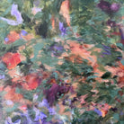 Colourful floral painting with a focus on green, purple, and rusty red hues.